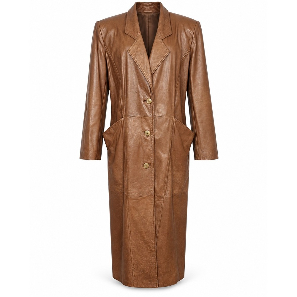 Vintage LNR 90s Brown Leather Maxi Coat Blazer Y2K Minimalist Mob Wife Medium